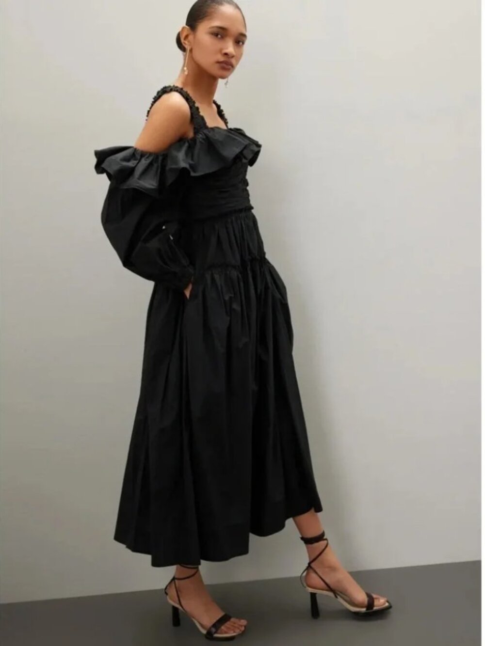 Ulla Johnson Black Caprice Dress Balloon sleeve Off Shoulder Ruffle Midi Maxi 4 - Picture 4 of 15